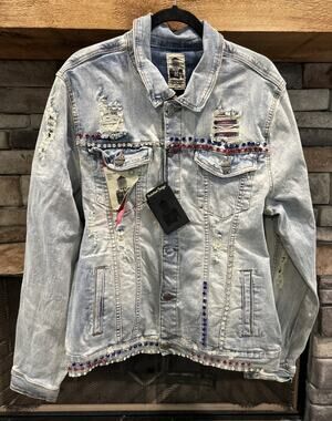 Men’s INDUSTRIAL INDIGO Light Wash DenimDistressed Jacket Size XL NWT *A5